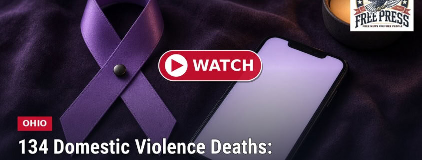 Fostoria News Ohio domestic violence deaths infographic with a purple ribbon and smartphone.
